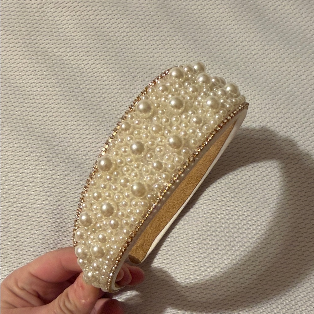 Bridal Pearl-Cluster Padded Headband in Ivory with Gold Trim
